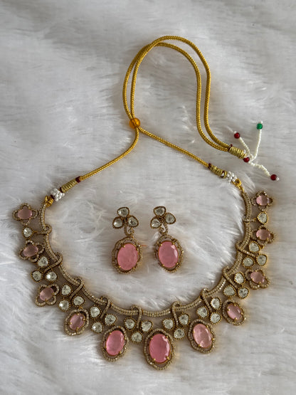 Antique gold tone cz baby pink moissanite necklace set dj-51070