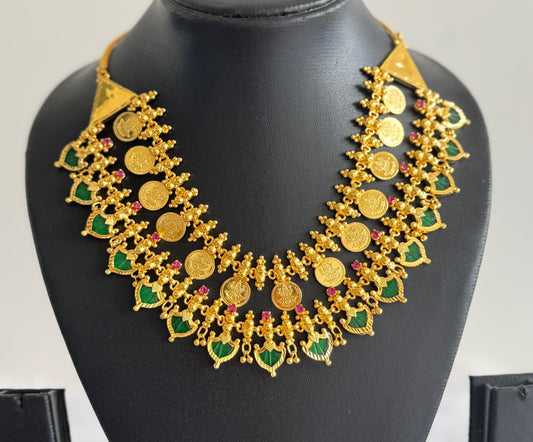 Gold tone kerala style pink-green palakka lakshmi coin double layer necklace dj-51733
