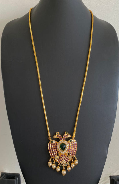 Gold tone chain with kemp-green-white pearl gandaberunda pendant dj-55112