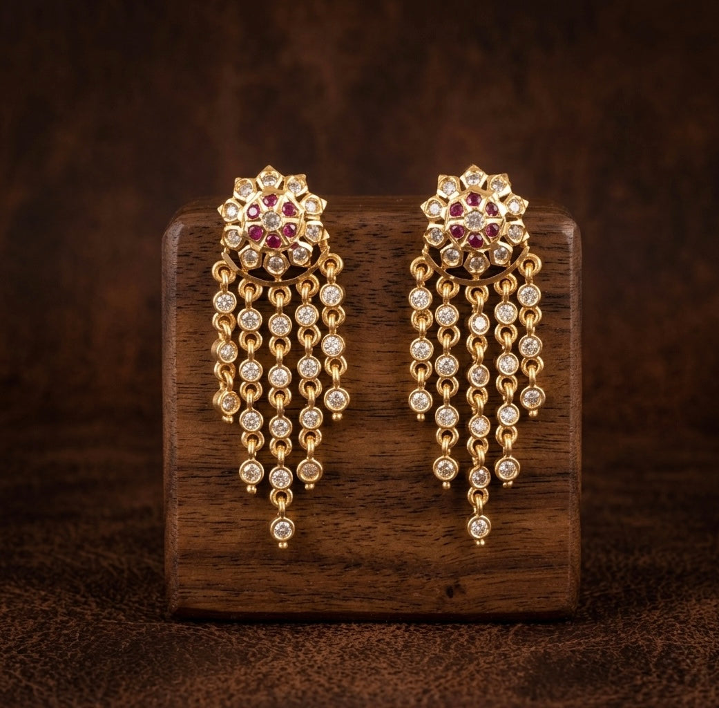 Gold tone AD white-pink flower earrings dj-53273