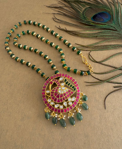 Gold tone pink-green-white kundan jadau pumpkin green peacock beaded necklace dj-51536