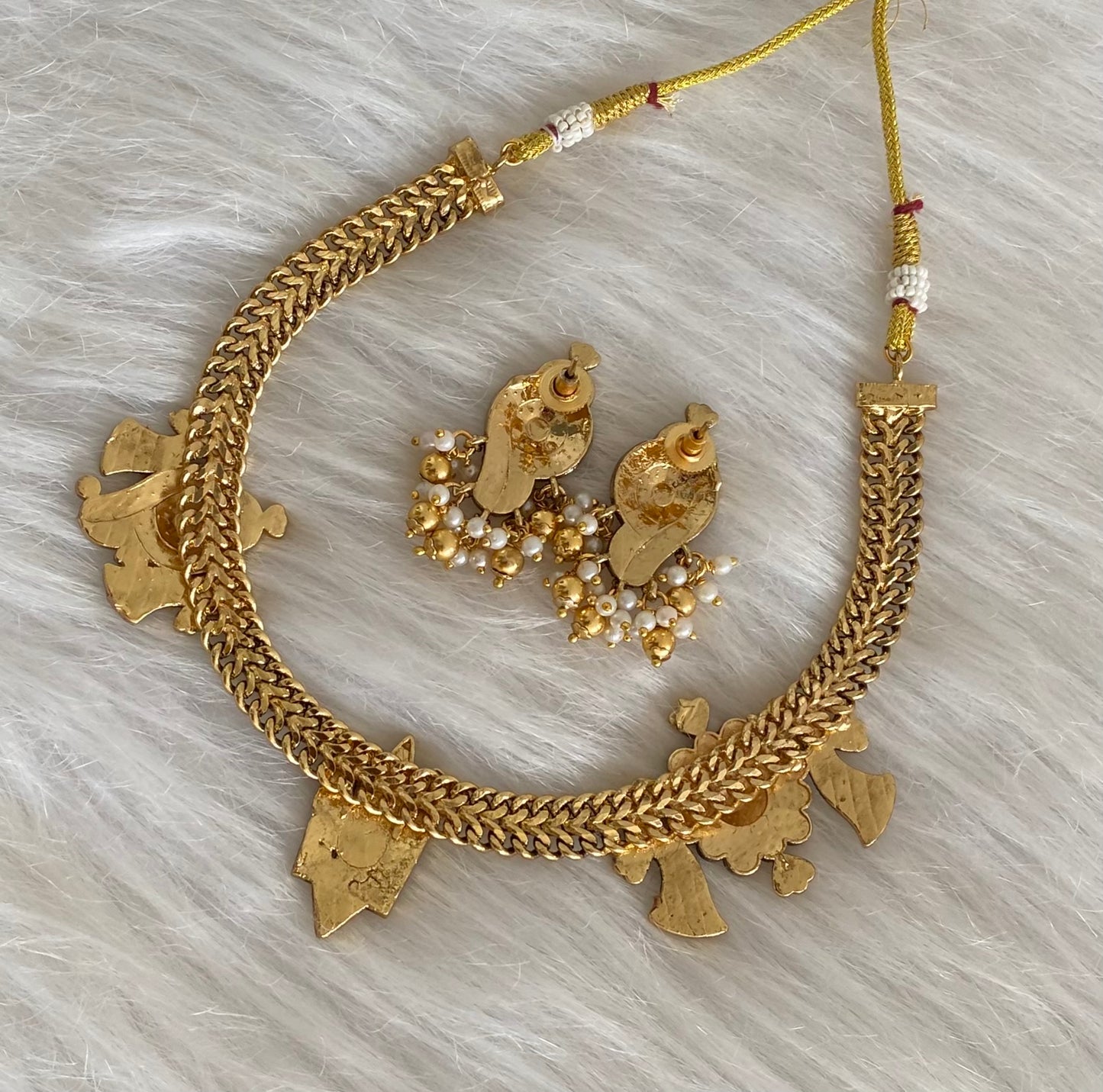 Antique gold tone jadau shri thirumal nama-shanku-chakra necklace set dj-54511