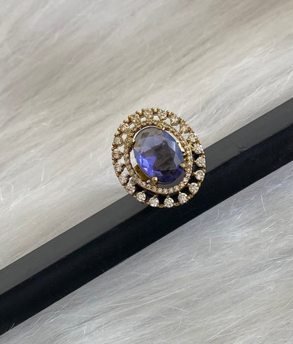 Antique gold tone cz white-purple stone finger ring dj-55035