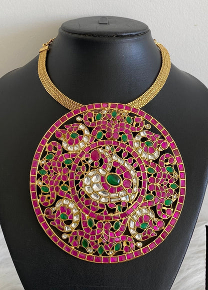 Matte finish pink-green-white kundan jadau huge round peacock necklace dj-52357