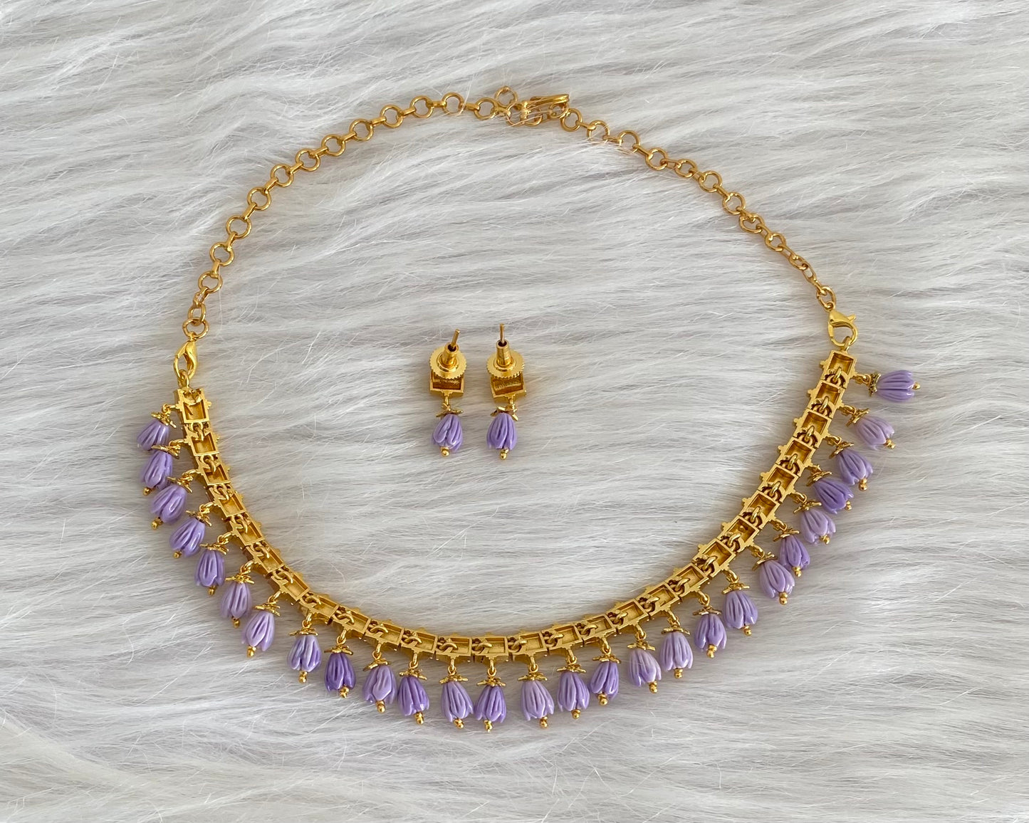 Antique gold tone purple tulip beaded necklace set dj-54038