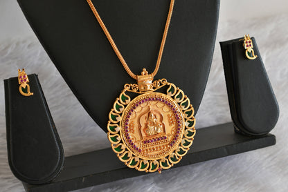 Gold tone pink stone green mango big Lakshmi pendant Kerala style necklace set dj-38559