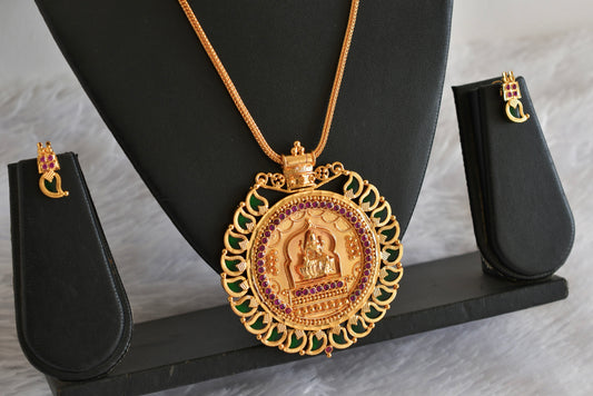 Gold tone pink stone green mango big Lakshmi pendant Kerala style necklace set dj-38559