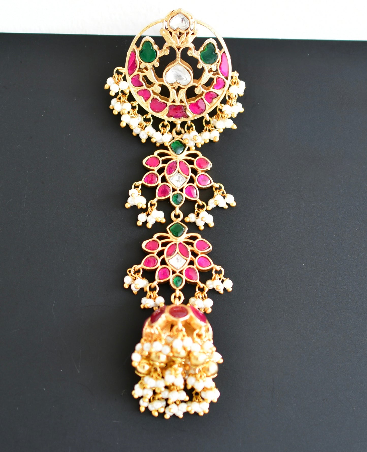 Gold tone pink-green kundan jadau floral hair jewel dj-52377