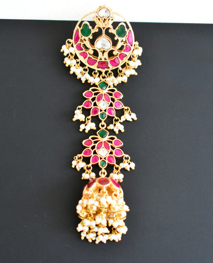 Gold tone pink-green kundan jadau floral hair jewel dj-52377