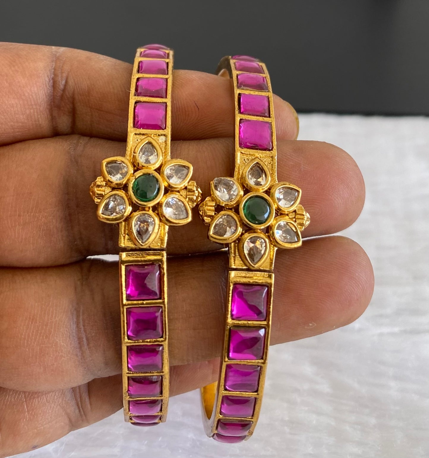 Antique gold tone pink-green-white flower kundan openable bangles(2.4) dj-53440