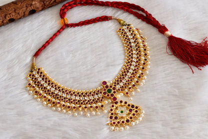 Gold tone precious kemp-green-white pearl big necklace dj-52260