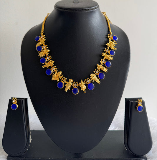 Gold tone blue-white round kerala style dasavathra necklace set dj-51723