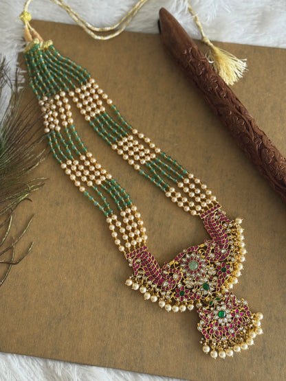 Matte finish pink-green-white kunan jadau agate peacock beaded haar dj-51553