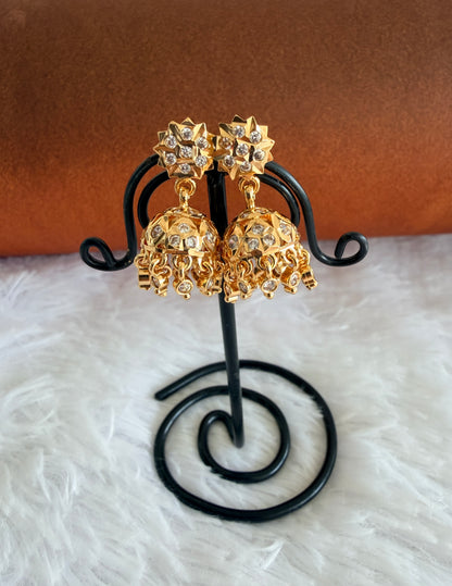 Gold tone AD white south Indian flower jhumkka dj-53266