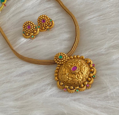 Antique gold tone pink-green stone choker necklace set dj-54963