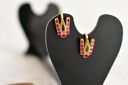 Gold tone pink-green-white kundan jadau Shri Thirumal Nama bugadi earrings dj-52496