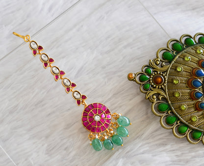 Gold tone pink-green kundan jadau green beaded round tikka dj-52500