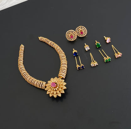 Antique gold tone cz white colour changeable flower necklace set dj-54752