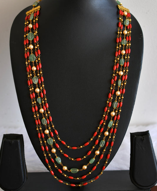 Antique gold tone flower coral-green-pearl beaded multilayer necklace dj-52695