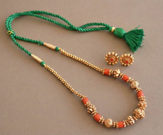 Antique gold tone flower coral-green nakshi beaded necklace set dj-52697