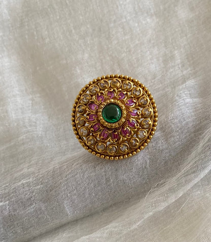 Antique gold tone pink-green-white big round flower finger ring dj-54332