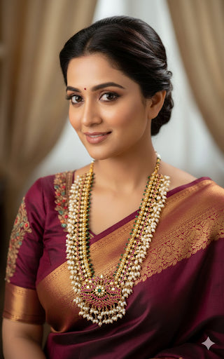 Gold tone pink-green-white kundan jadau peacock-mango gutta pusalu haar dj-38172