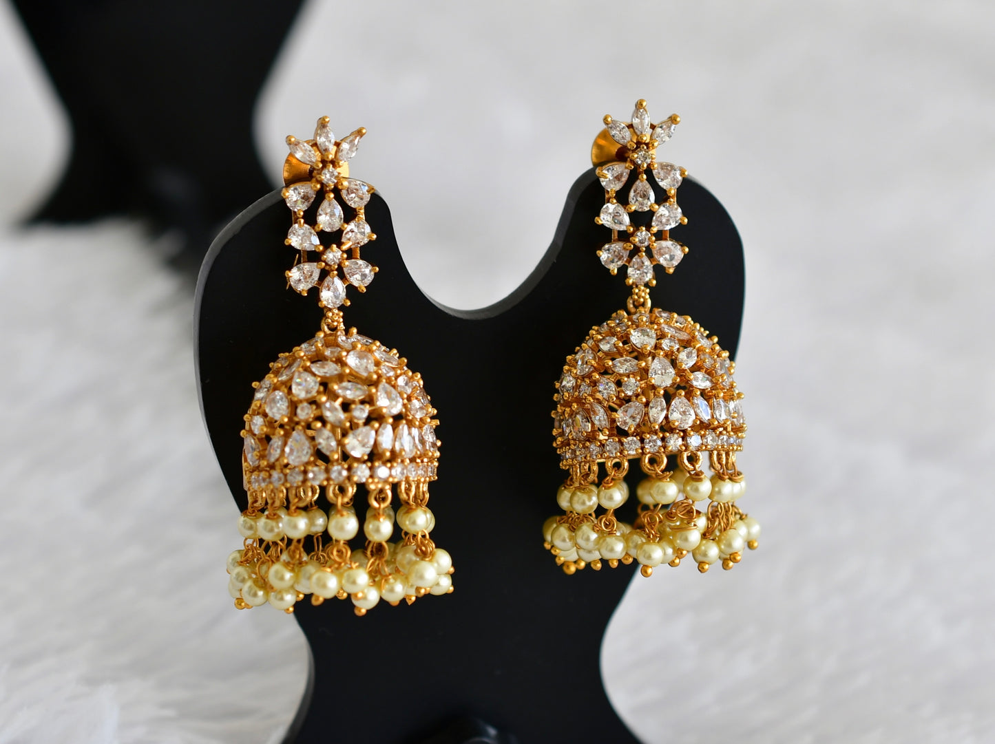 Matte finish cz white pearl flower jhumkka dj-52156