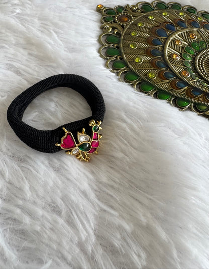 Gold tone pink-green-white kundan jadau peacock hair band dj-51487