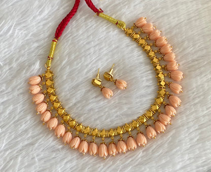 Antique gold tone peach colour tulip beaded necklace set dj-54370
