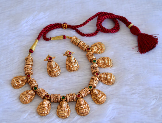 Antique gold tone kemp-green beaded nakshi lakshmi necklace set dj-52739