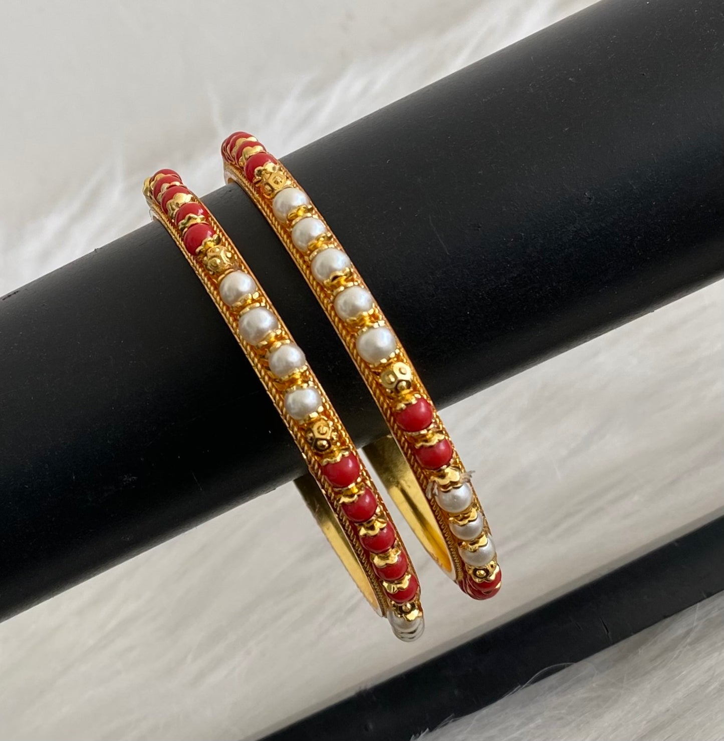 Gold tone coral-pearl beaded bangles(2.8) dj-53705