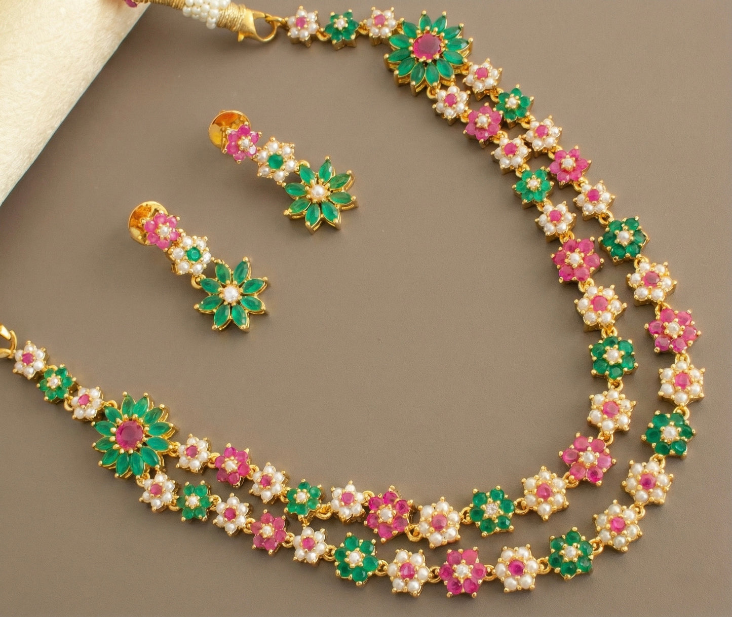 Gold tone Ruby-green pearl double layer nakshatra necklace set DJ24447
