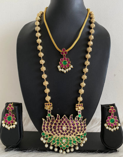 Gold tone precious kemp-green-white pearl lotus nakshi beaded combo set dj-54939
