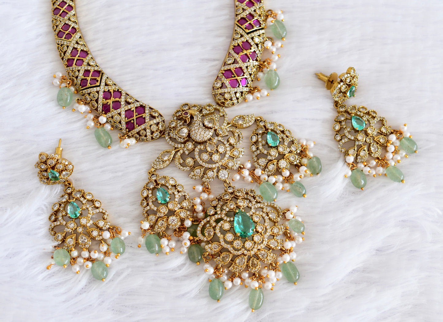 Antique gold tone cz pink-sea green peacock necklace set dj-53022