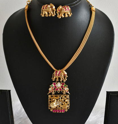 Antique gold tone pink-green elephant jadau necklace set dj-51833