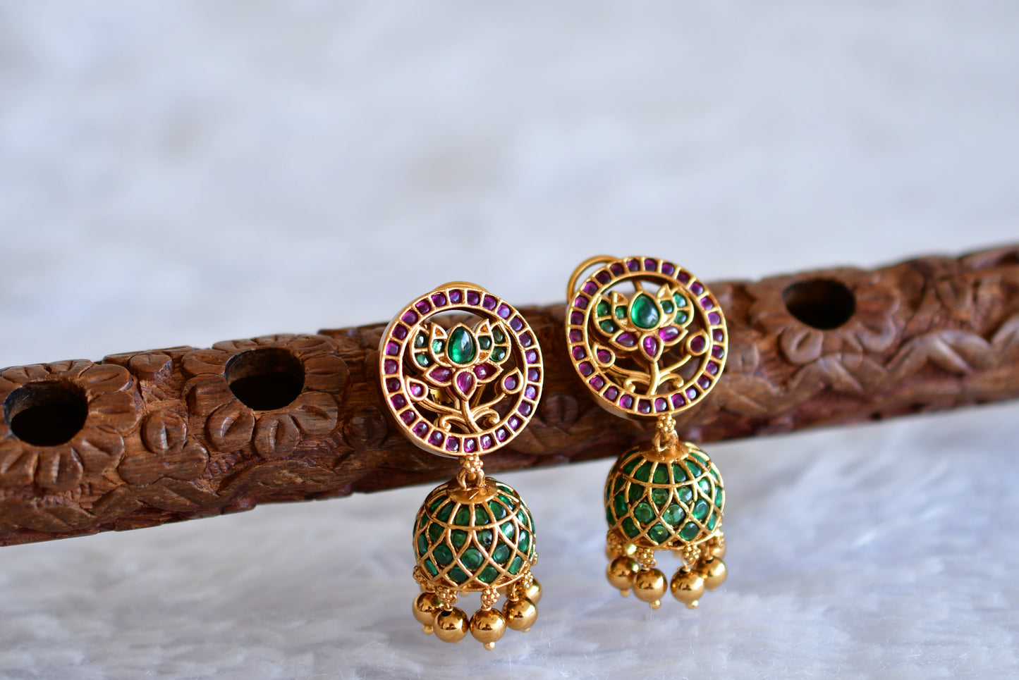 Antique gold tone cz kemp-green lotus jhumkka dj-52549