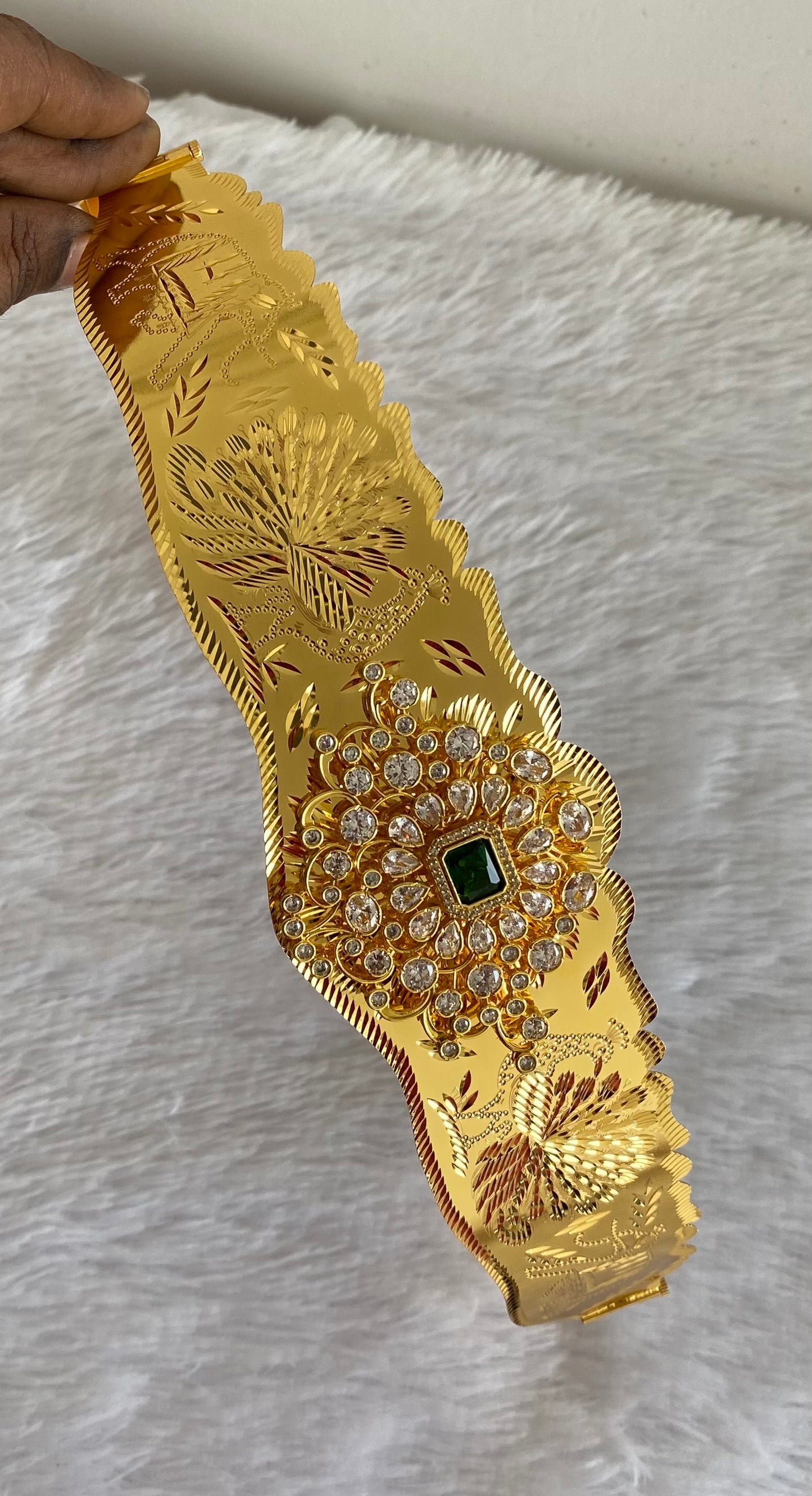 Gold tone white green stone elephant peacock design adjustable waist belt dj-53464