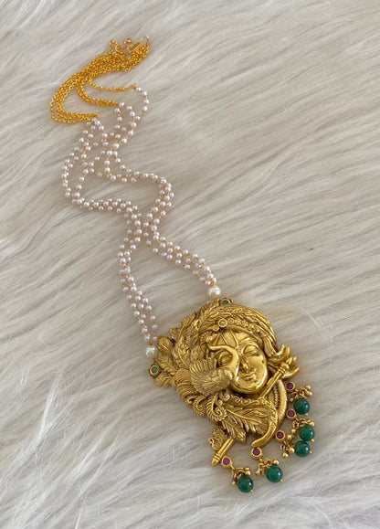 Antique gold tone shri krishna green beaded pearl mid/length haar dj-54759