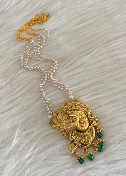 Antique gold tone shri krishna green beaded pearl mid/length haar dj-54759