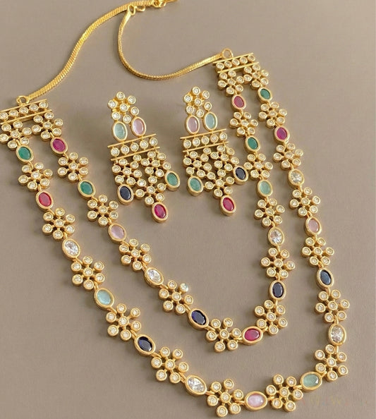 Matte Finish Multicolour Double Layer Necklace Set DJ33125