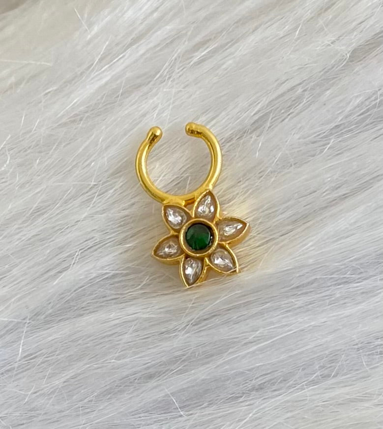Gold tone kundan jadau white-green stone flower nose pin/bulakku dj-53774