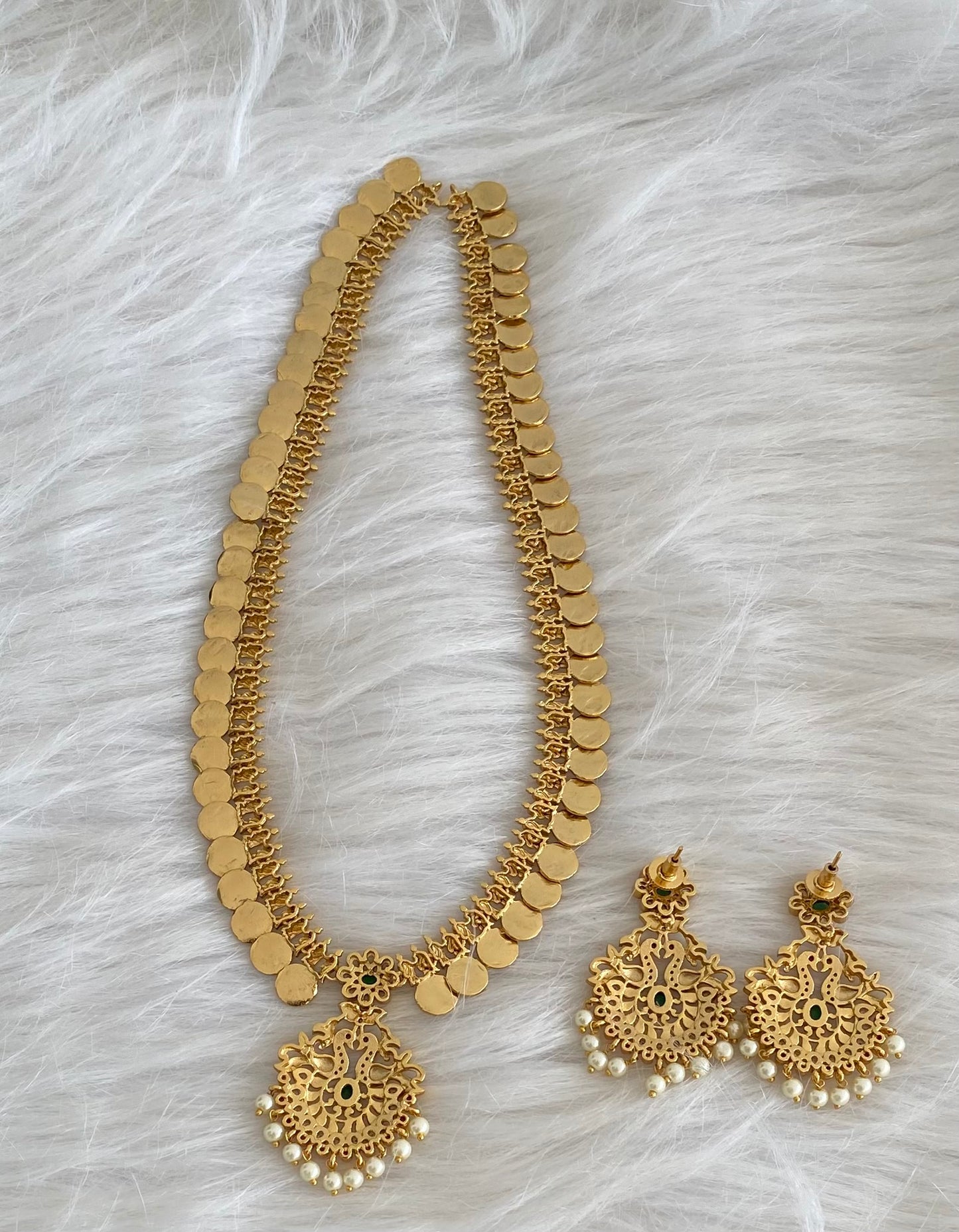 Antique gold tone kemp-green-white peacock pearl lakshmi coin haar set dj-54562