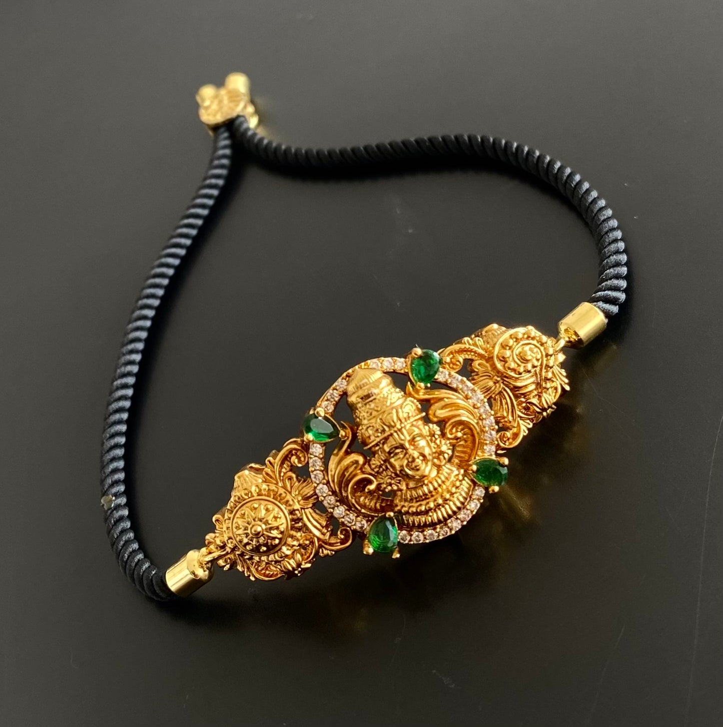 Antique gold tone black thread shri thirumal nama-shanku-chakra bracelet dj-54428