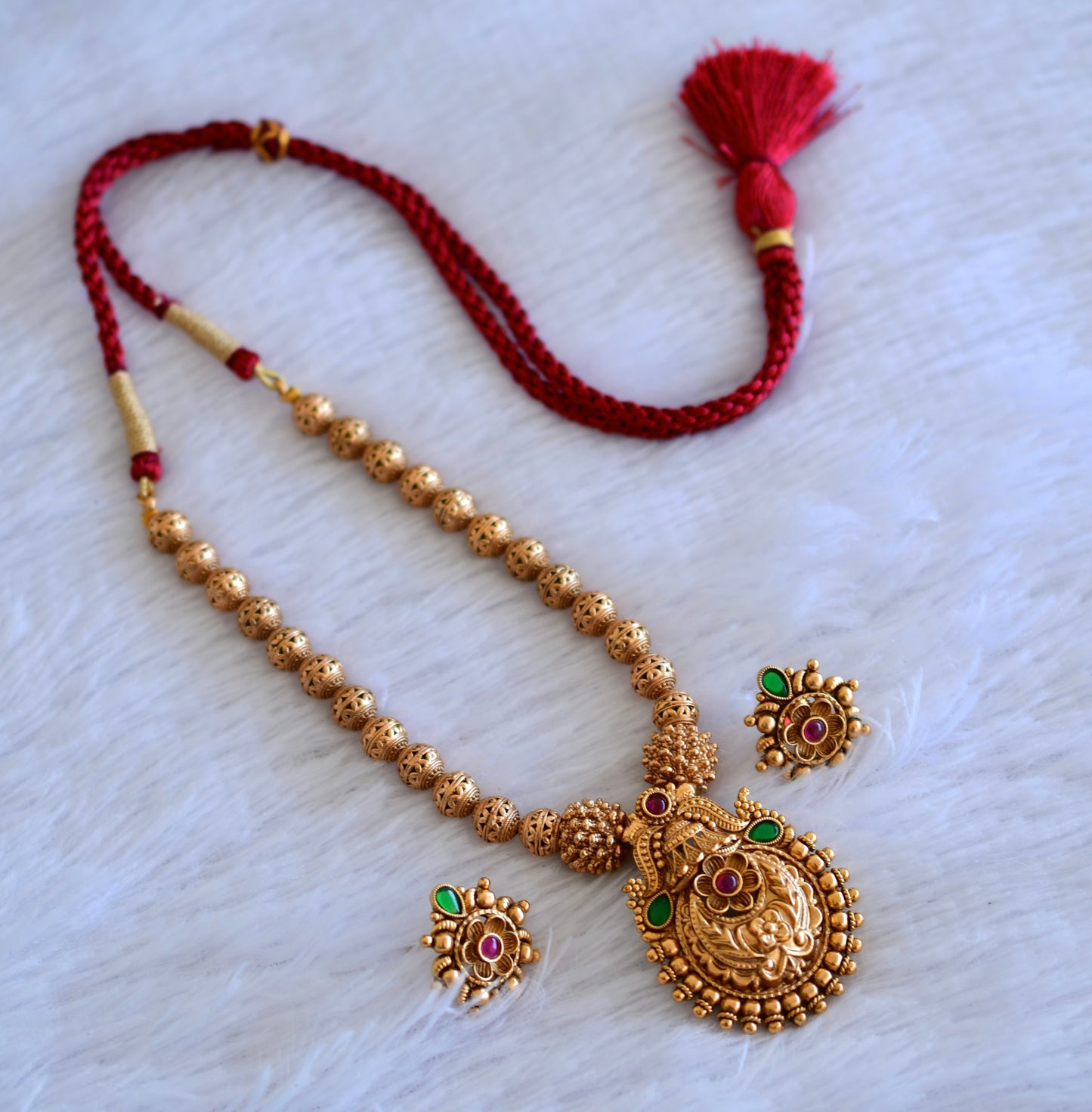 Antique gold tone kemp-green beaded nakshi necklace set dj-52740