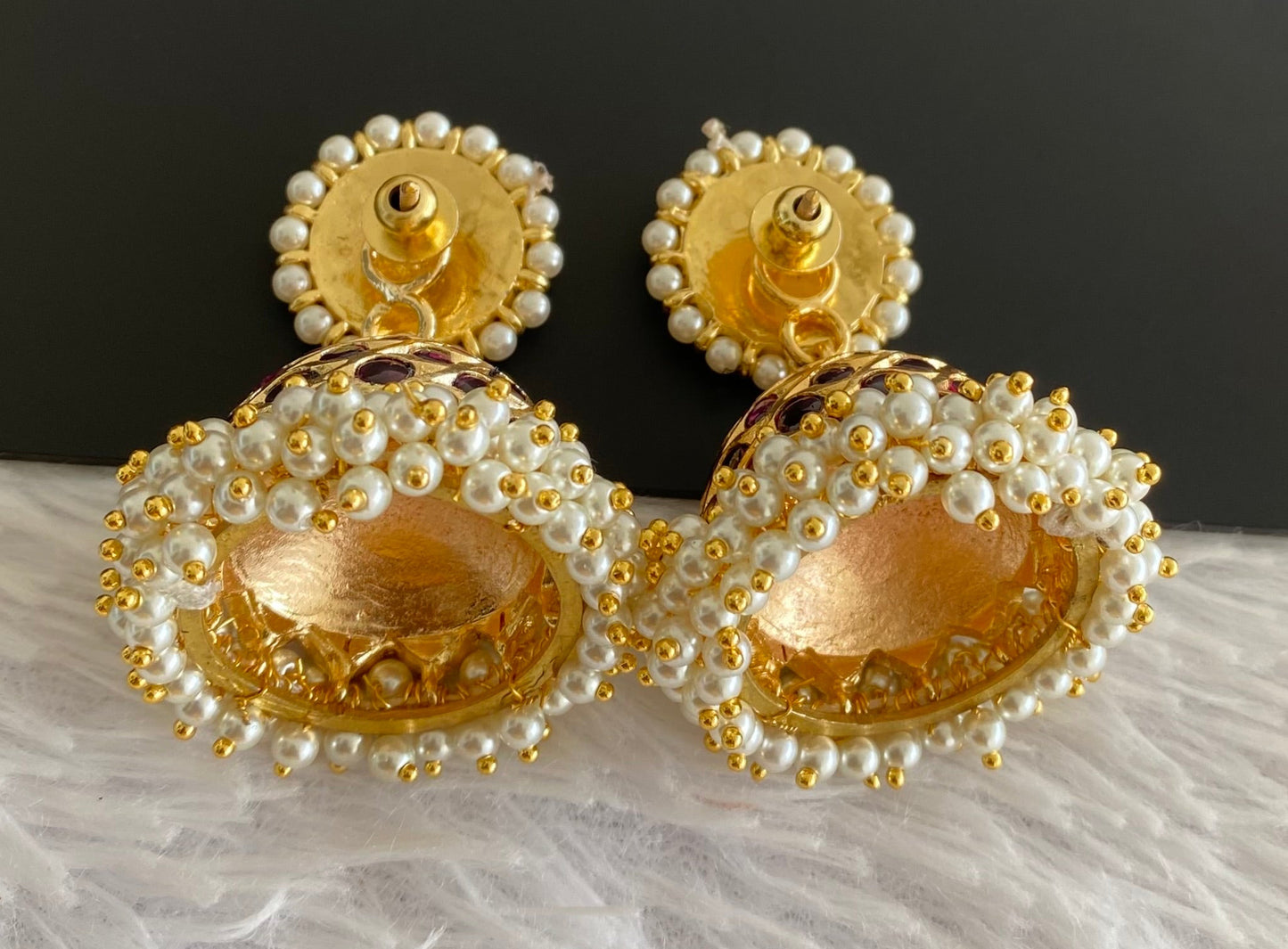 Gold tone precious kemp-green stone pearl big jhumkka dj-53216