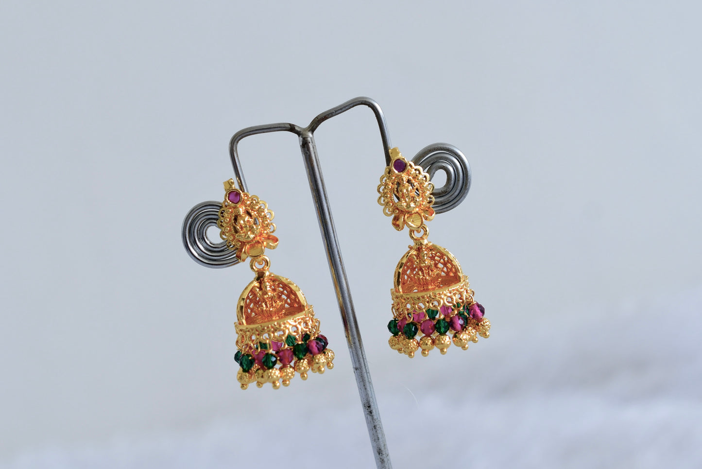 Gold tone kerala style pink-green lakshmi jhumkka dj-51807