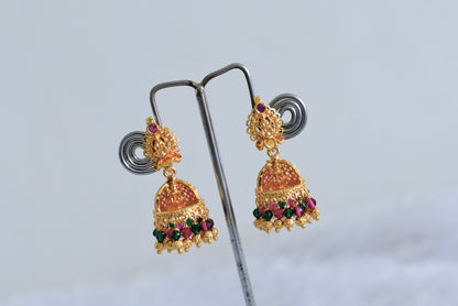 Gold tone kerala style pink-green lakshmi jhumkka dj-51807
