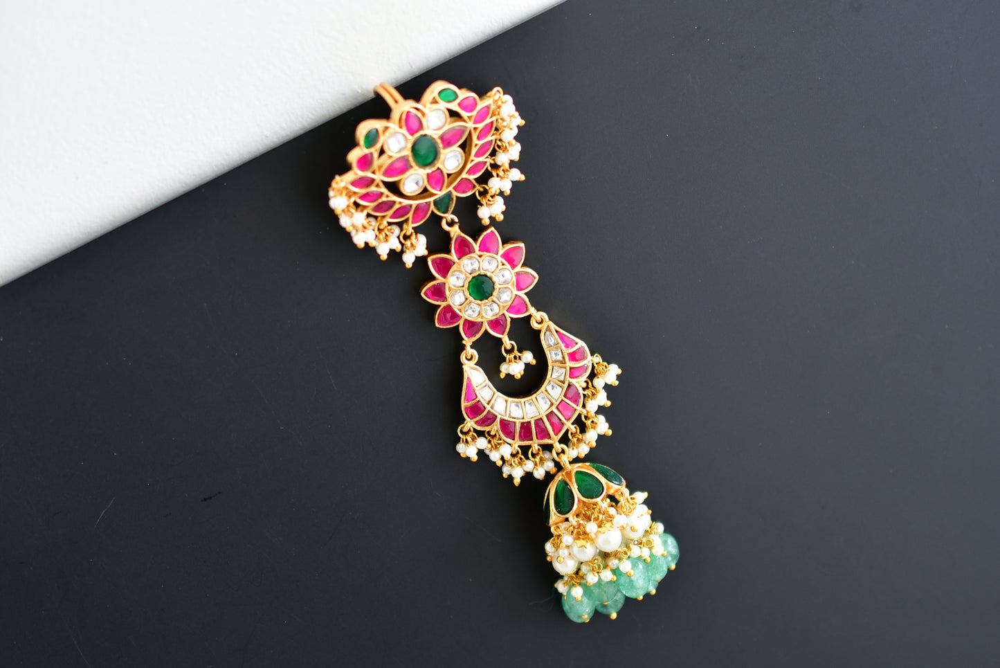 Gold tone pink-green kundan jadau flower hair jewel dj-52378