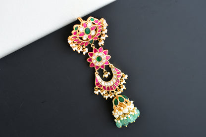 Gold tone pink-green kundan jadau flower hair jewel dj-52378