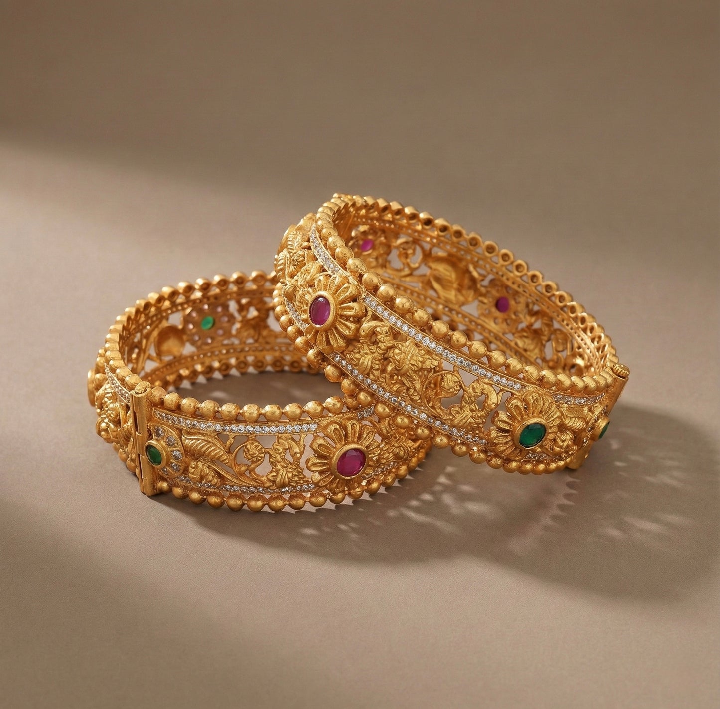 Matte finish cz ruby-emerald peacock bangles (2.4) DJ23598